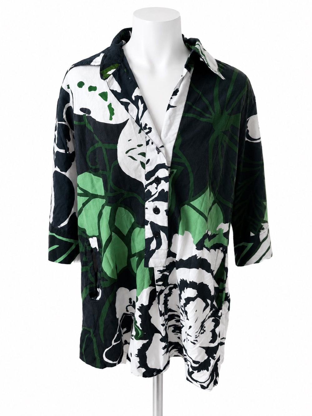 Soft Surroundings Floral Print Cotton Tunic Top Large Green Black White